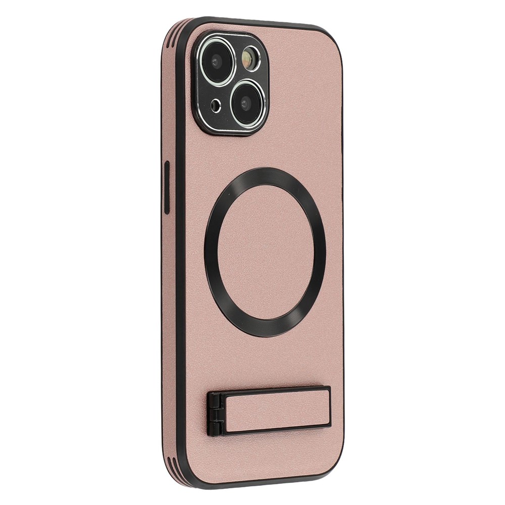 For iPhone 14 Kickstand Case Compatible with MagSafe PC + TPU + PU Phone Back Cover - Rose Gold