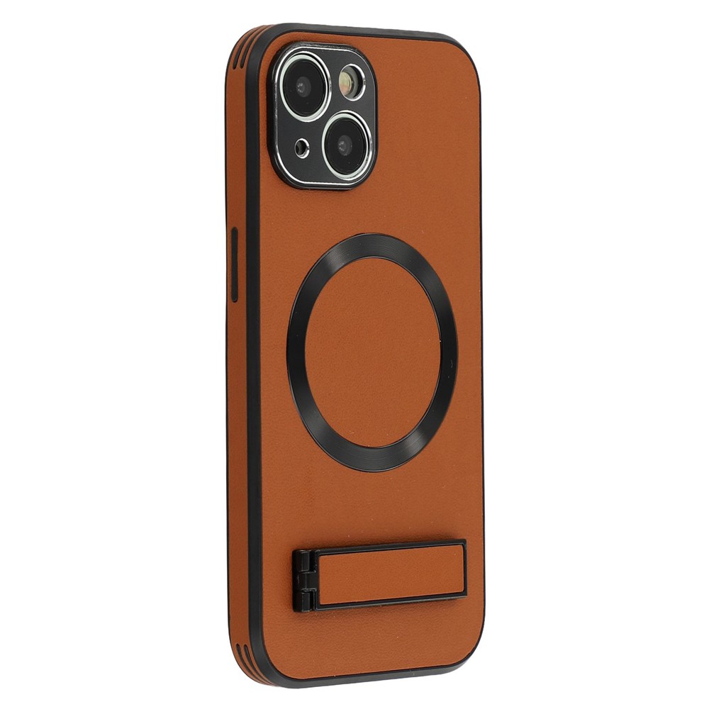 For iPhone 14 Kickstand Case Compatible with MagSafe PC + TPU + PU Phone Back Cover - Brown