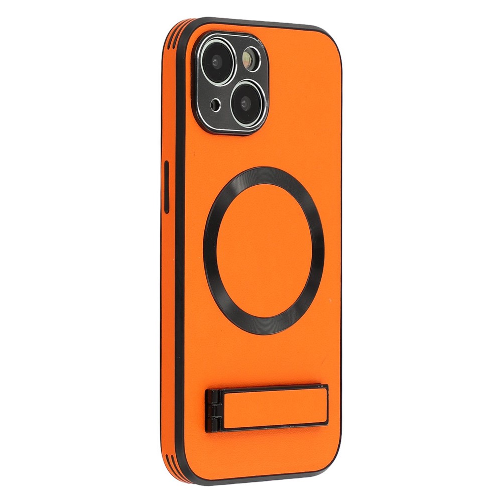 For iPhone 14 Kickstand Case Compatible with MagSafe PC + TPU + PU Phone Back Cover - Orange