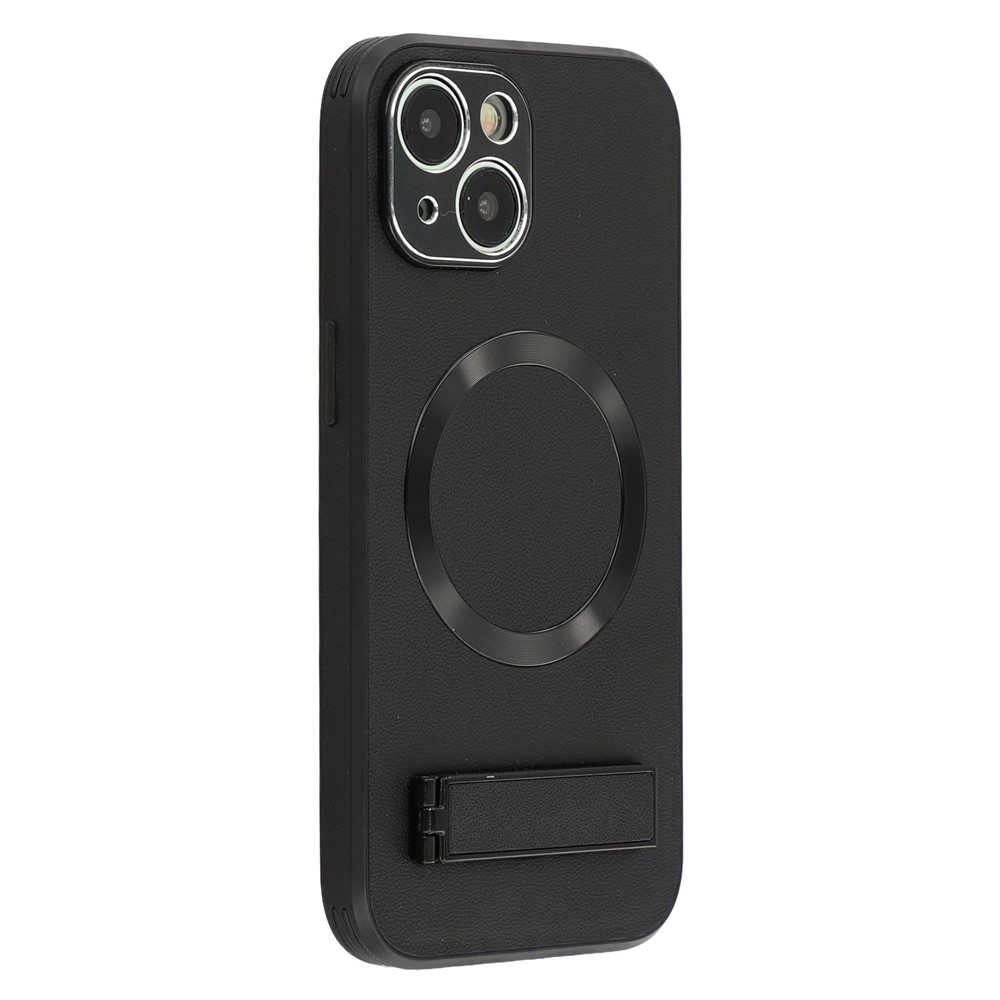 For iPhone 14 Kickstand Case Compatible with MagSafe PC + TPU + PU Phone Back Cover - Black