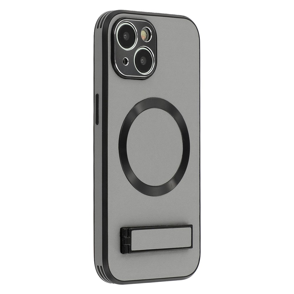 For iPhone 14 Kickstand Case Compatible with MagSafe PC + TPU + PU Phone Back Cover - Grey