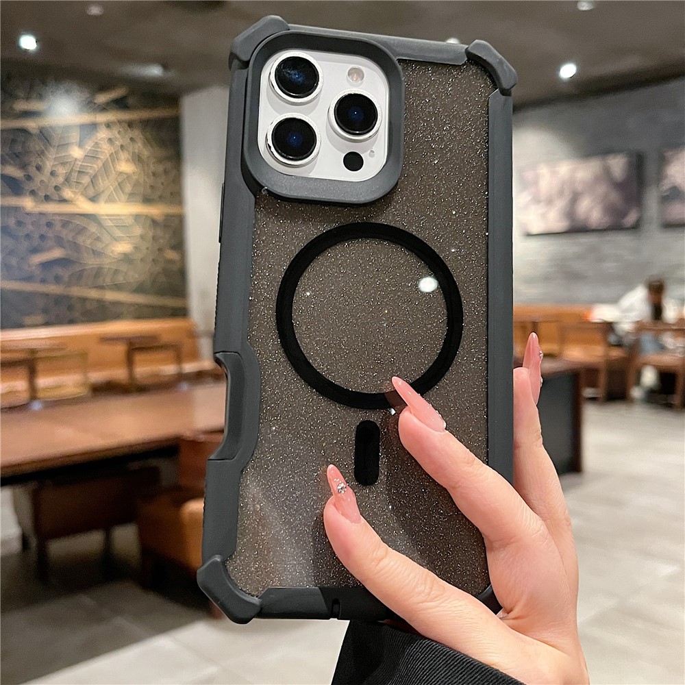 For iPhone 16 Pro Max Magnetic Case Detachable 2 in 1 Glitter TPU + PC Shockproof Phone Back Cover - Black