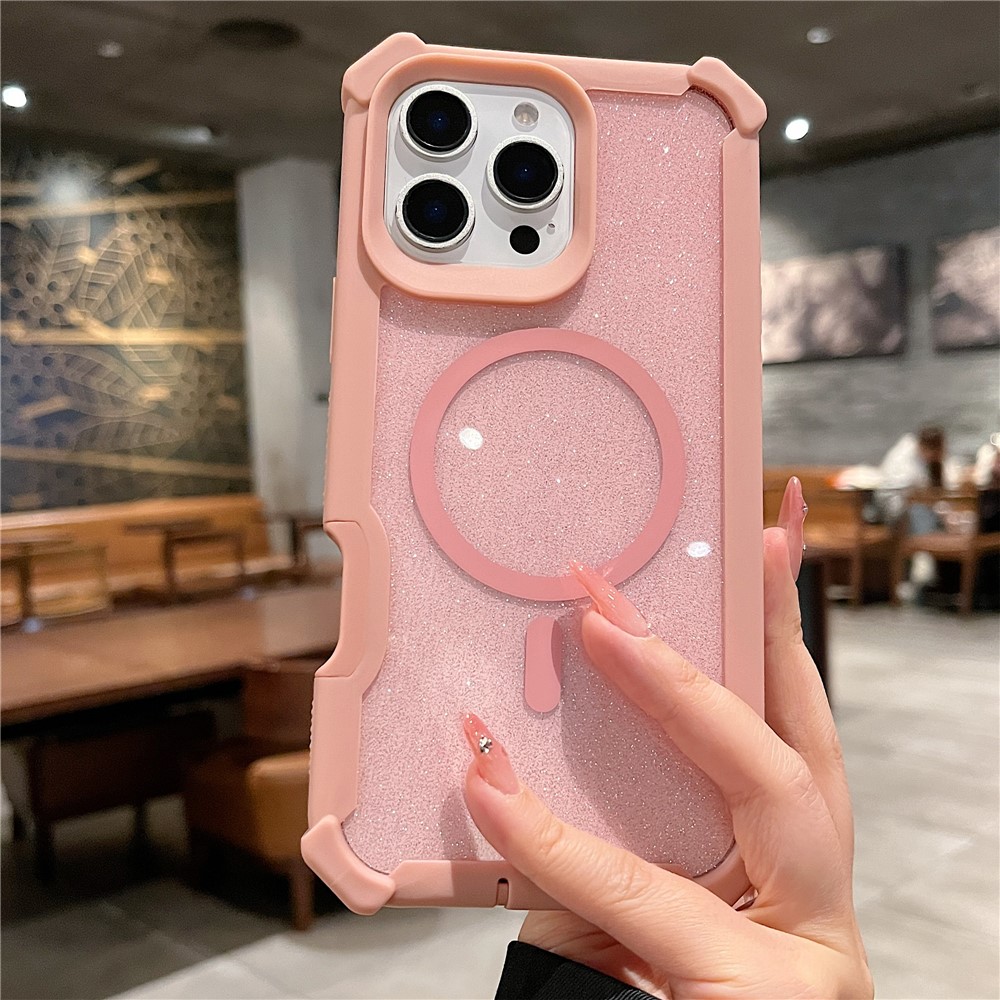 For iPhone 16 Pro Max Magnetic Case Detachable 2 in 1 Glitter TPU + PC Shockproof Phone Back Cover - Rose Gold