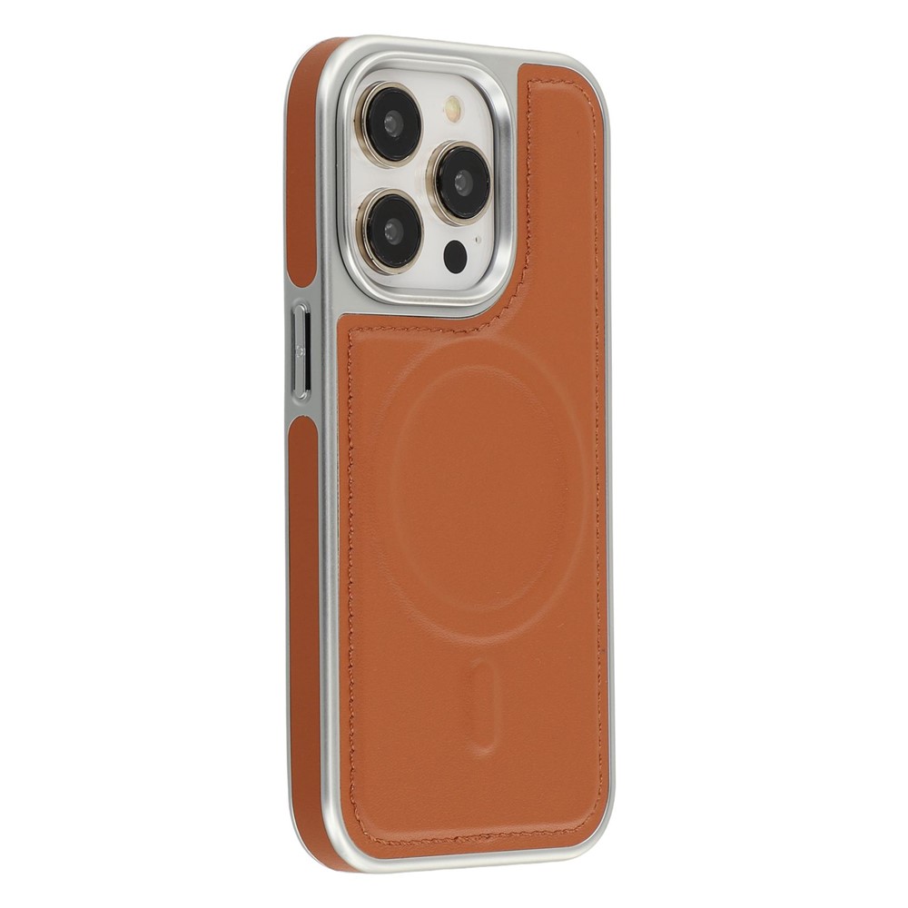 For iPhone 14 Pro Max Case Compatible with MagSafe Electroplating Edge PU + TPU + PC Phone Back Cover - Brown
