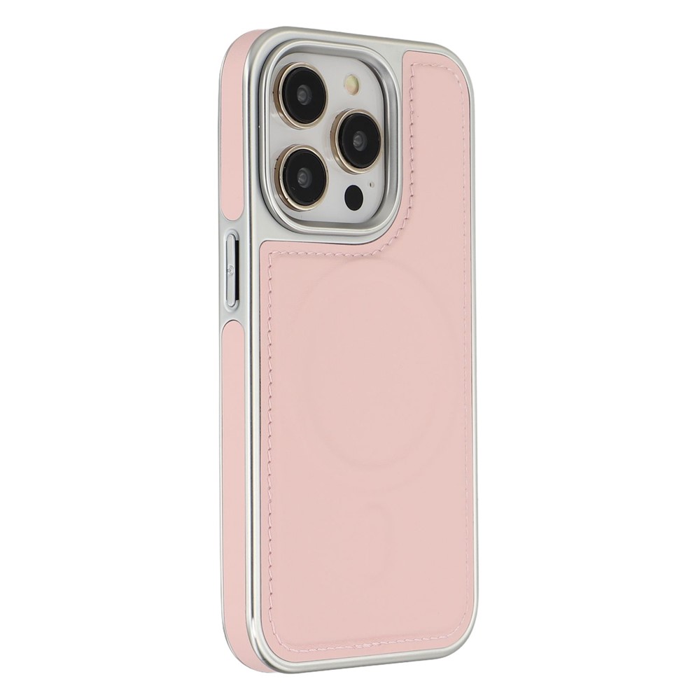 For iPhone 15 Pro Case Compatible with MagSafe Electroplating Edge PU + TPU + PC Phone Back Cover - Pink
