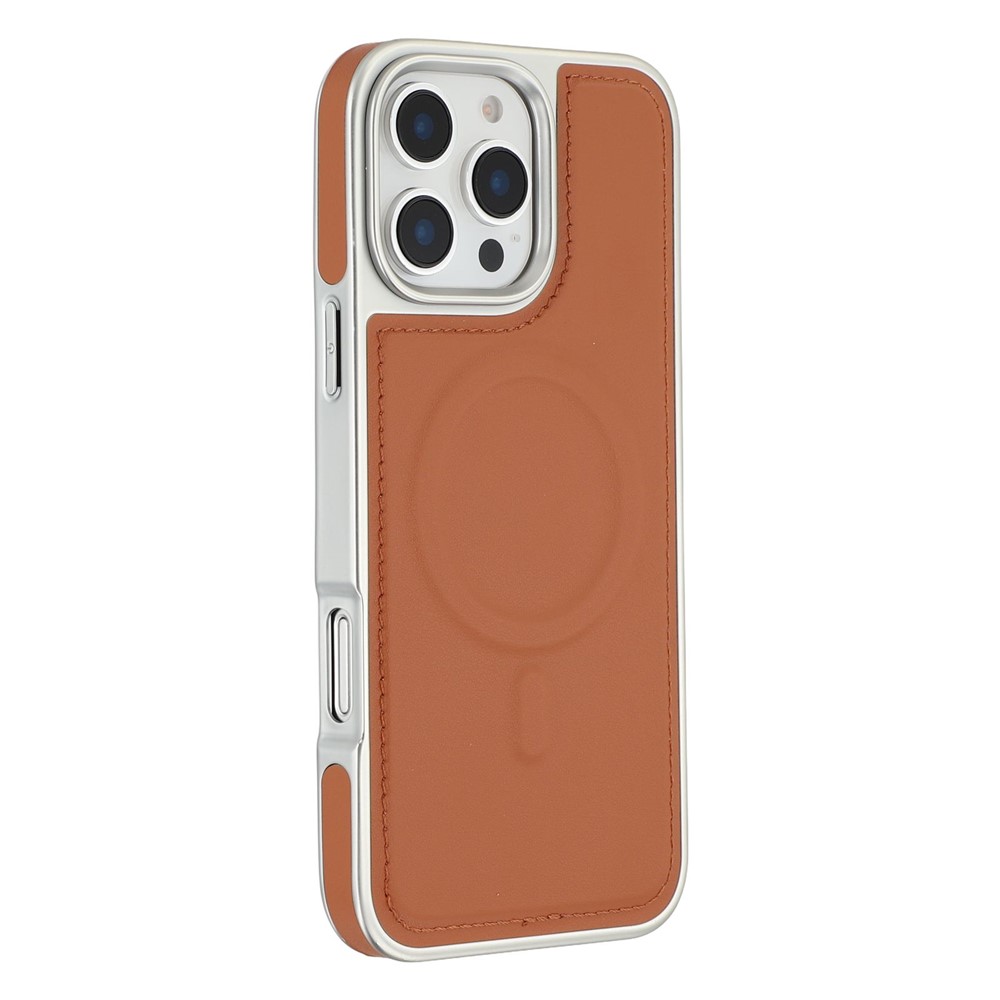 For iPhone 16 Pro Max Case Compatible with MagSafe Electroplating Edge PU + TPU + PC Phone Back Cover - Brown