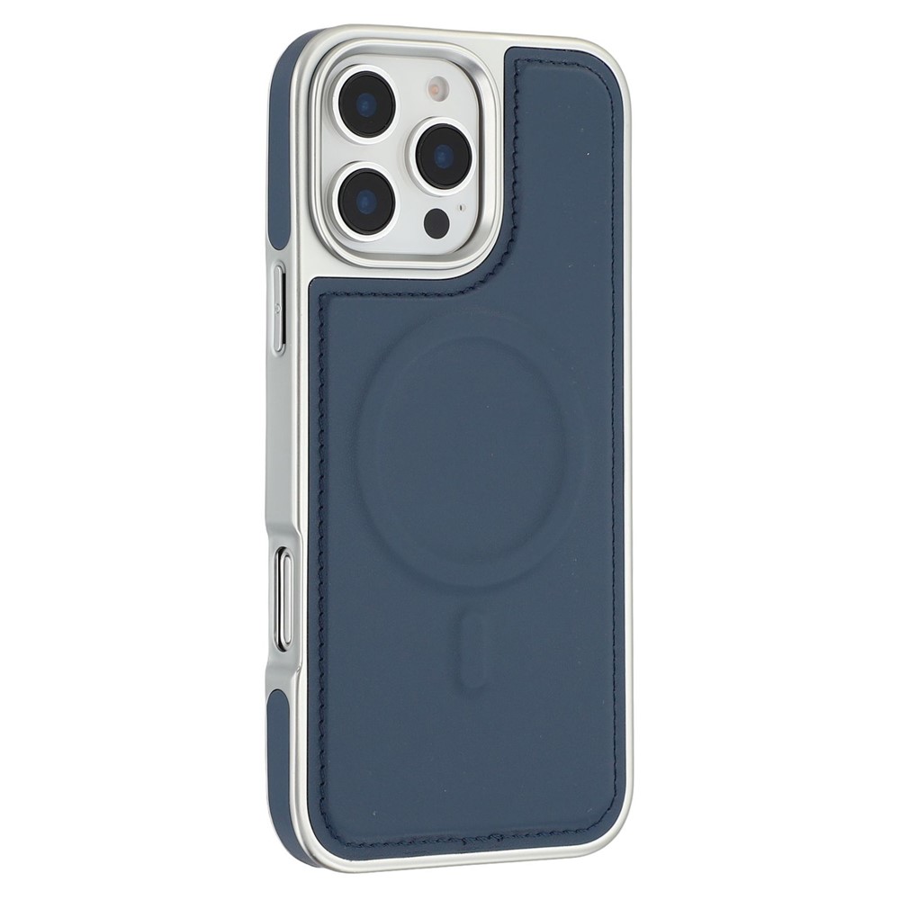 For iPhone 16 Pro Max Case Compatible with MagSafe Electroplating Edge PU + TPU + PC Phone Back Cover - Dark Blue