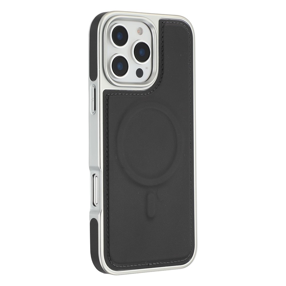 For iPhone 16 Pro Max Case Compatible with MagSafe Electroplating Edge PU + TPU + PC Phone Back Cover - Black