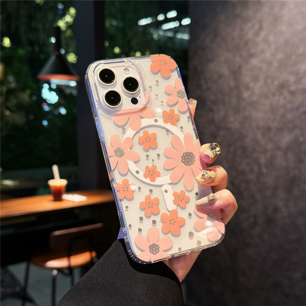 For iPhone 16 Pro Max Magnetic Case IMD Flower Pattern TPU + PC Clear Back Phone Cover - Style A
