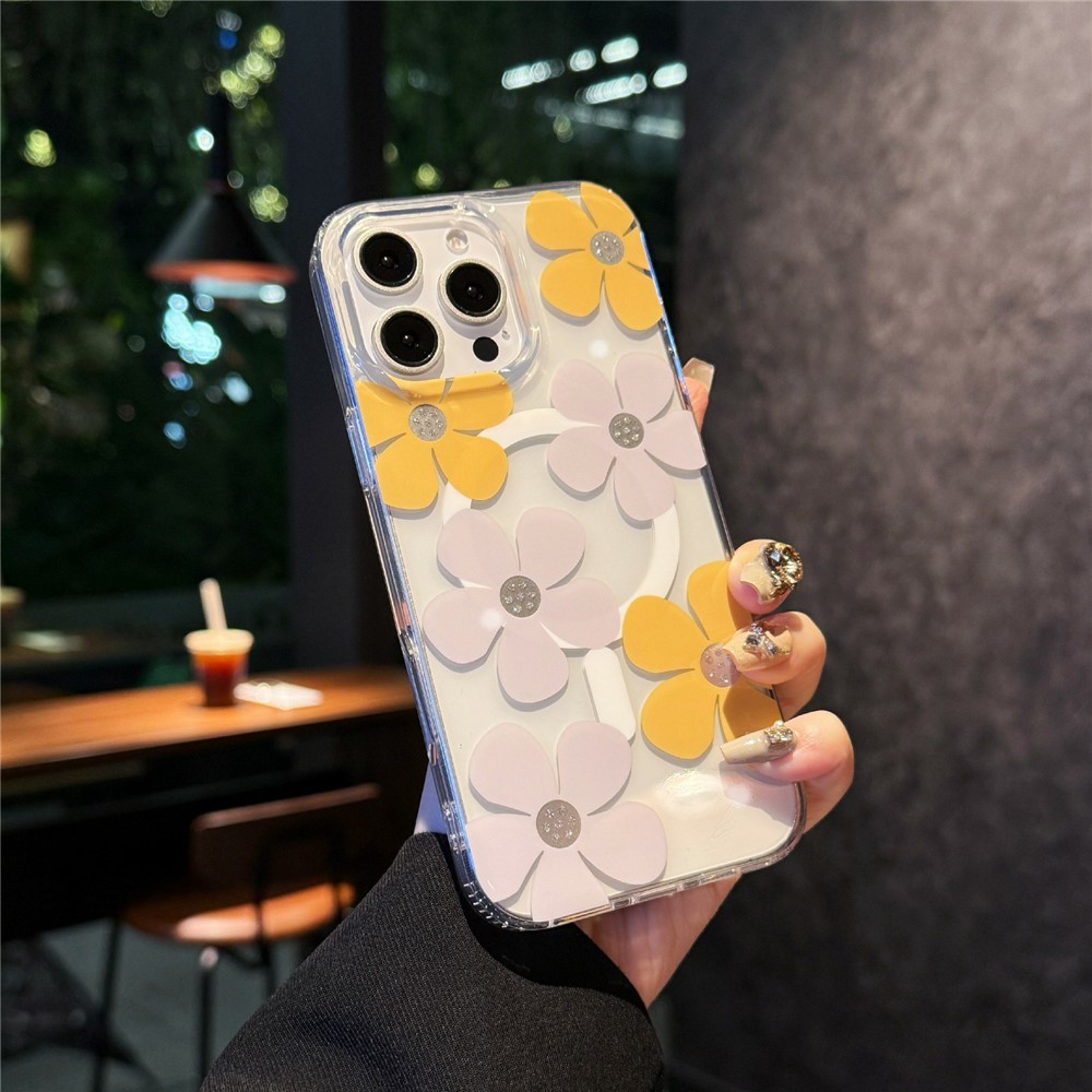 For iPhone 16 Pro Max Magnetic Case IMD Flower Pattern TPU + PC Clear Back Phone Cover - Style B