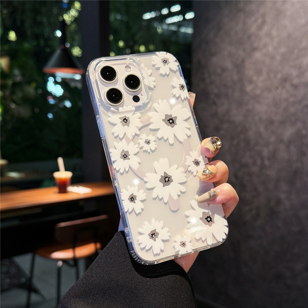 For iPhone 16 Pro Max Magnetic Case IMD Flower Pattern TPU + PC Clear Back Phone Cover - Style C