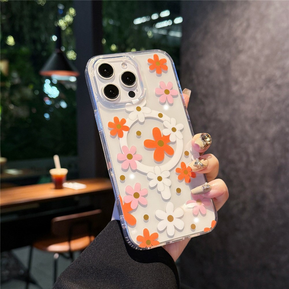 For iPhone 15 Pro Magnetic Case IMD Flower Pattern TPU + PC Clear Back Phone Cover - Style D