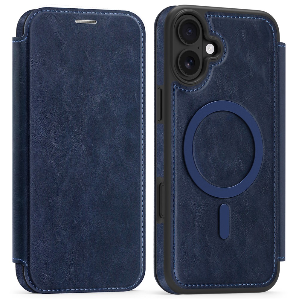 For iPhone 16 Plus Case Compatible with MagSafe RFID Blocking Card Holder Leather Phone Cover - Sapphire