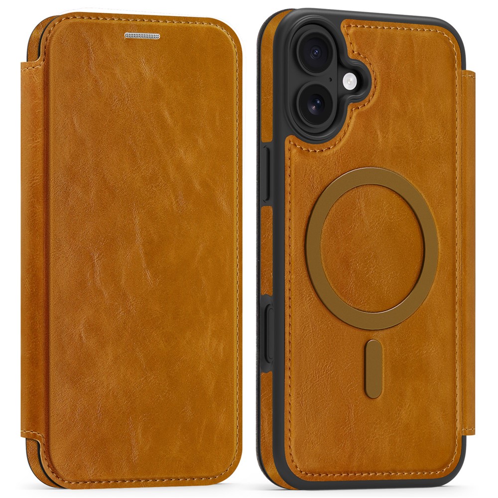 For iPhone 16 Plus Case Compatible with MagSafe RFID Blocking Card Holder Leather Phone Cover - Brown