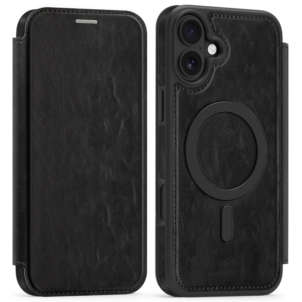 For iPhone 16 Plus Case Compatible with MagSafe RFID Blocking Card Holder Leather Phone Cover - Black