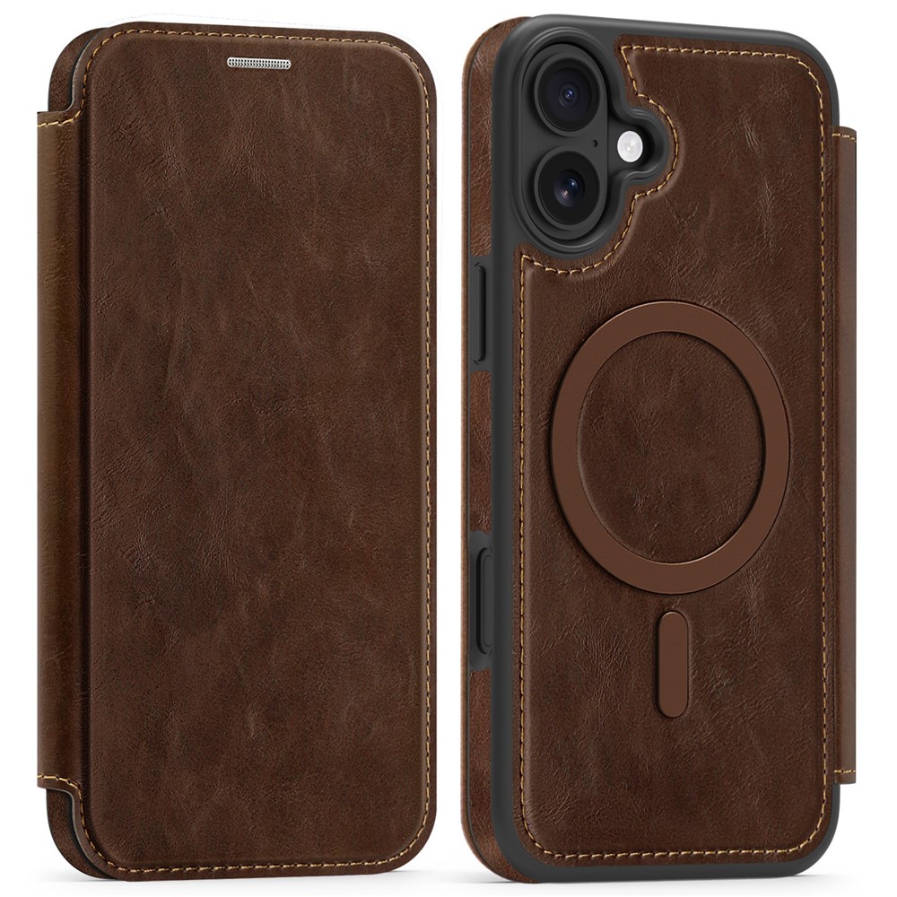 For iPhone 16 Plus Case Compatible with MagSafe RFID Blocking Card Holder Leather Phone Cover - Coffee