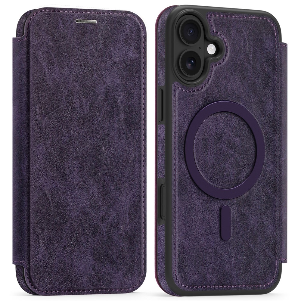 For iPhone 16 Plus Case Compatible with MagSafe RFID Blocking Card Holder Leather Phone Cover - Dark Purple