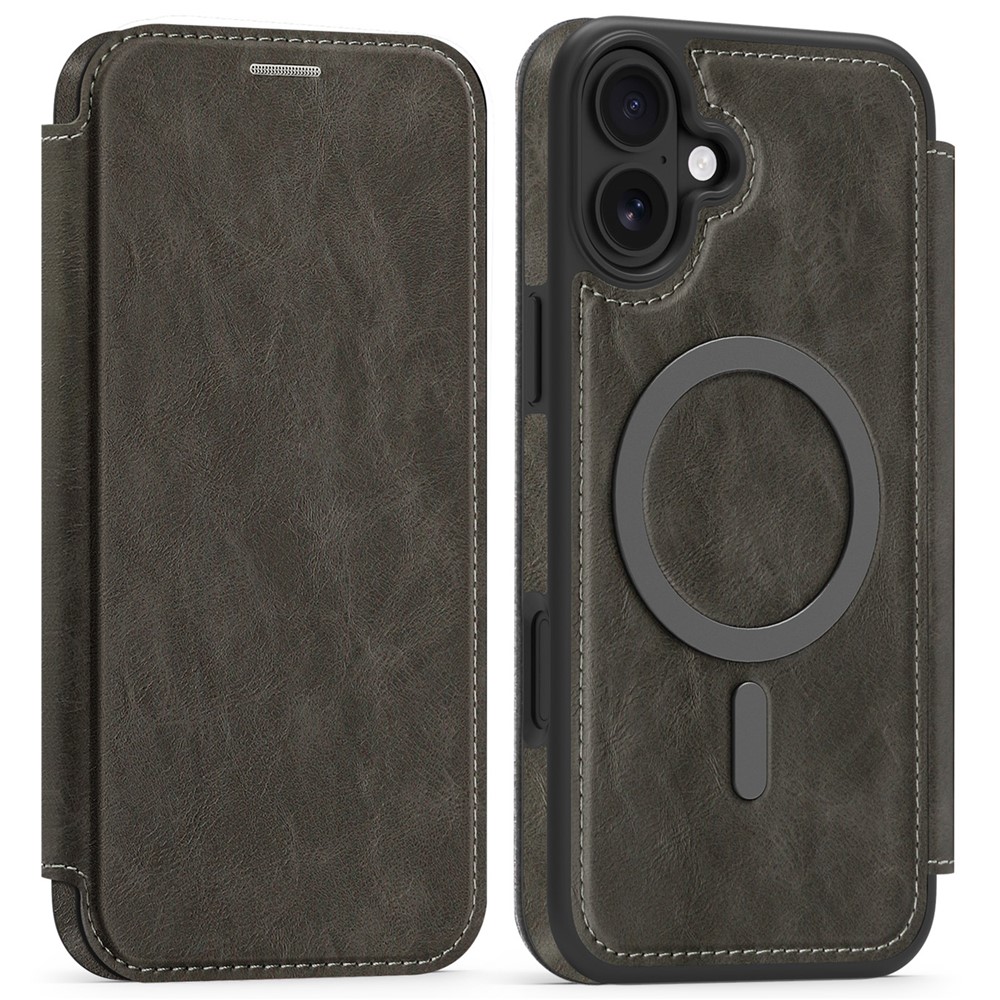 For iPhone 16 Plus Case Compatible with MagSafe RFID Blocking Card Holder Leather Phone Cover - Titanium Grey