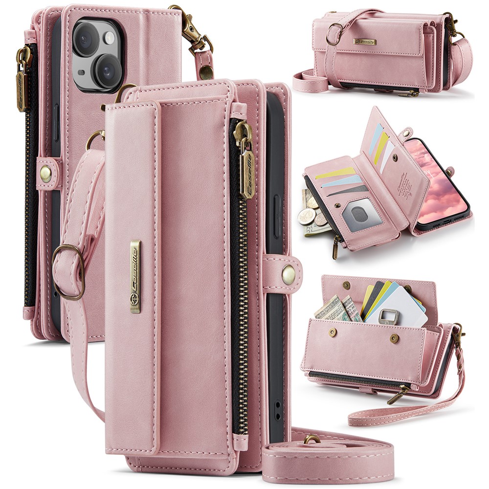 For iPhone 14 Plus Case CASEME C39 RFID Blocking Zipper Wallet Stand Leather Cover with Strap - Pink