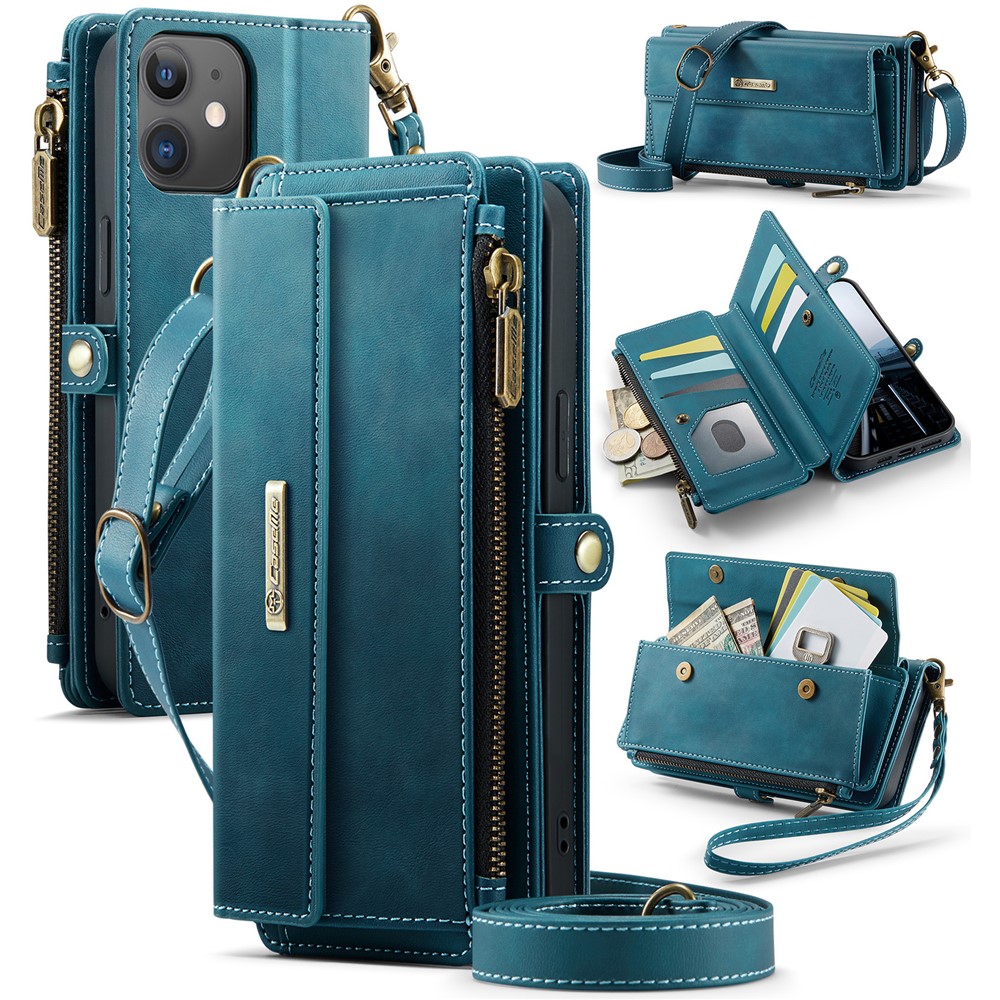 For iPhone 12 mini 5.4 inch Case CASEME C39 RFID Blocking Zipper Wallet Stand Leather Cover with Strap - Green