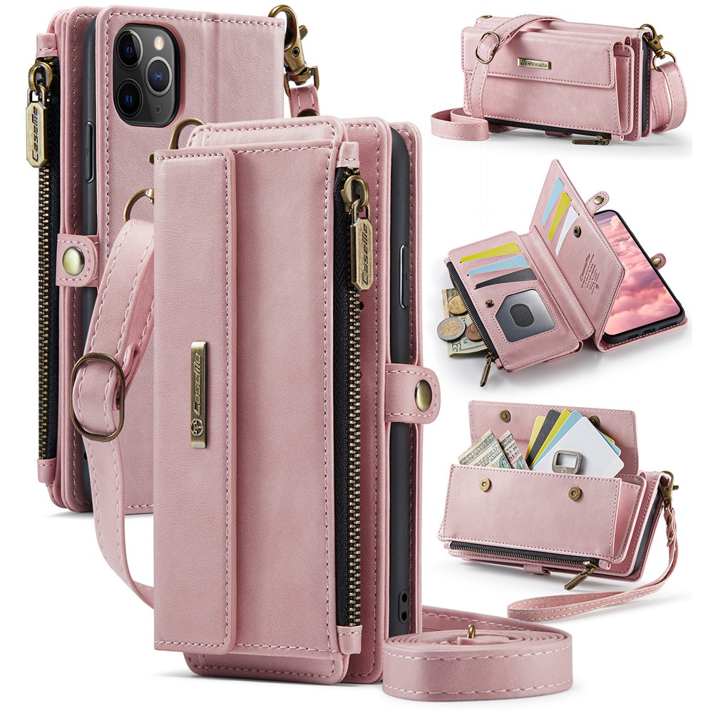 For iPhone 11 Pro Case CASEME C39 RFID Blocking Zipper Wallet Stand Leather Cover with Strap - Pink