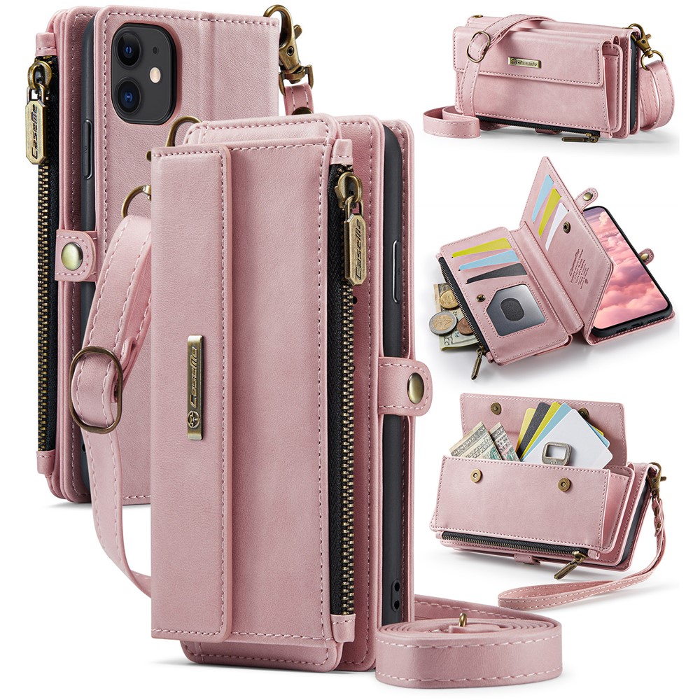 For iPhone 11 Case CASEME C39 RFID Blocking Zipper Wallet Stand Leather Cover with Strap - Pink