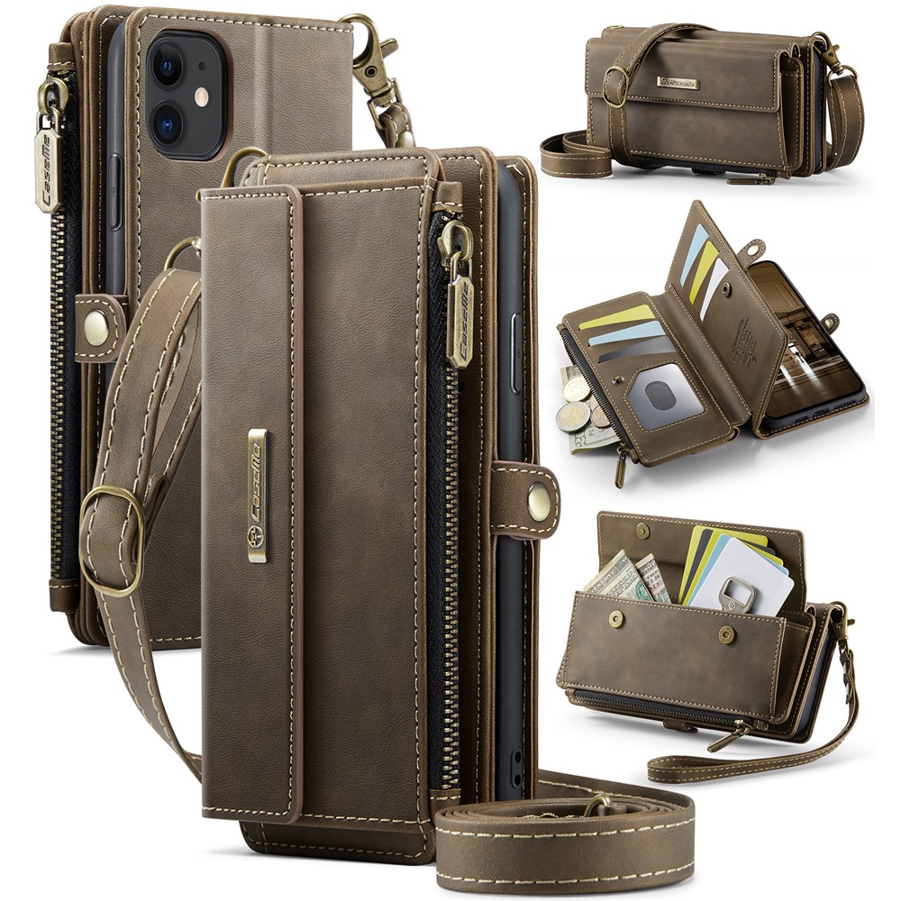 For iPhone 11 Case CASEME C39 RFID Blocking Zipper Wallet Stand Leather Cover with Strap - Brown