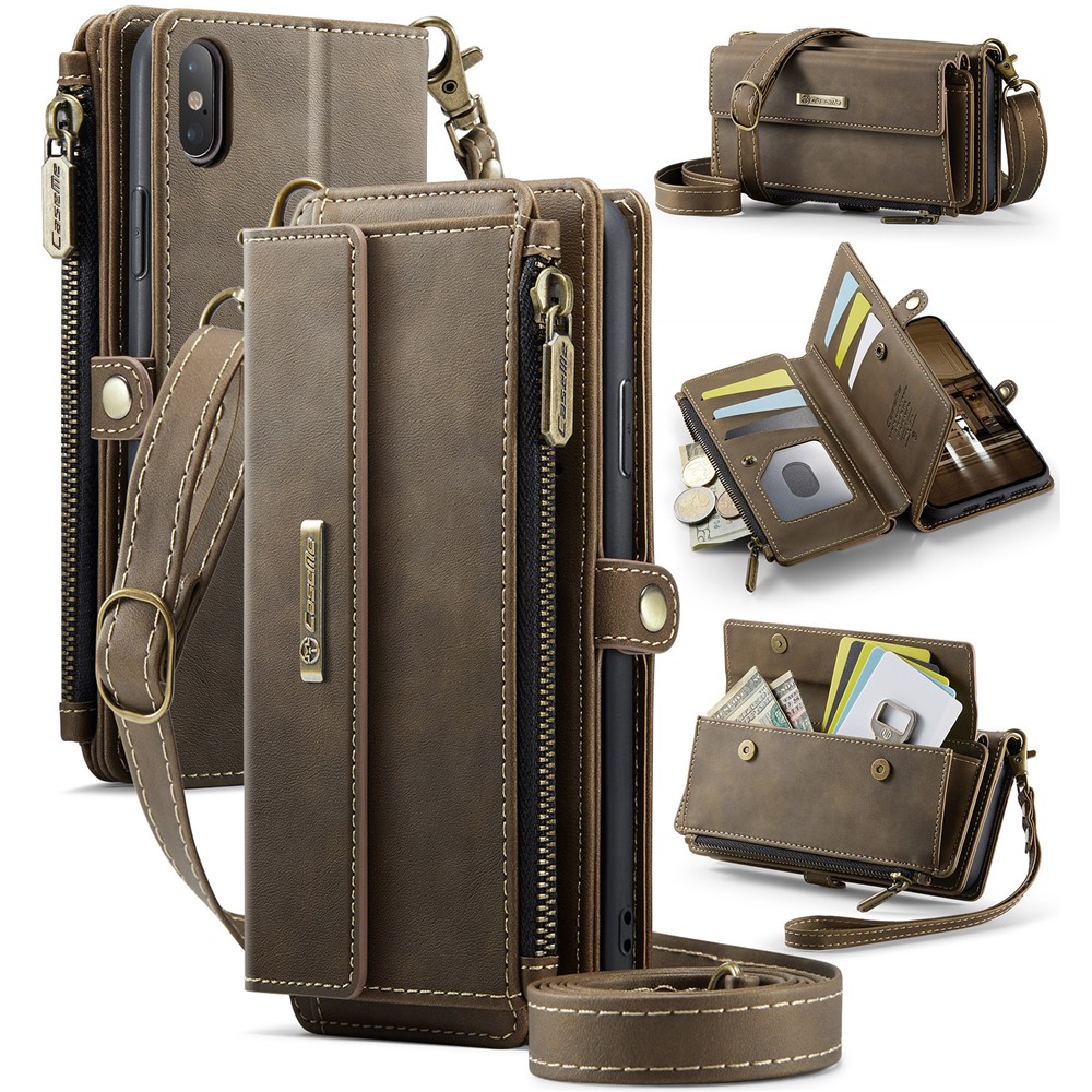 For iPhone XS Max 6.5 inch Case CASEME C39 RFID Blocking Zipper Wallet Stand Leather Cover with Strap - Brown