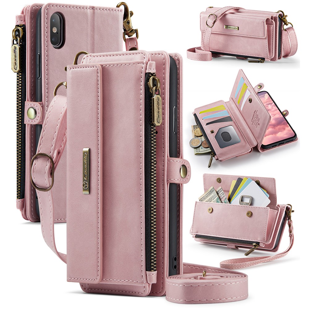 For iPhone XS Max 6.5 inch Case CASEME C39 RFID Blocking Zipper Wallet Stand Leather Cover with Strap - Pink