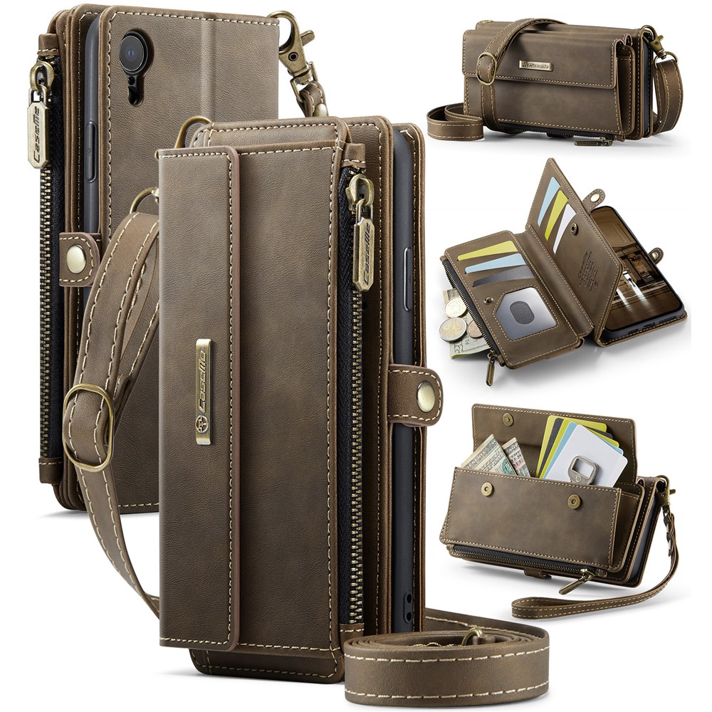 For iPhone XR 6.1 inch Case CASEME C39 RFID Blocking Zipper Wallet Stand Leather Cover with Strap - Brown
