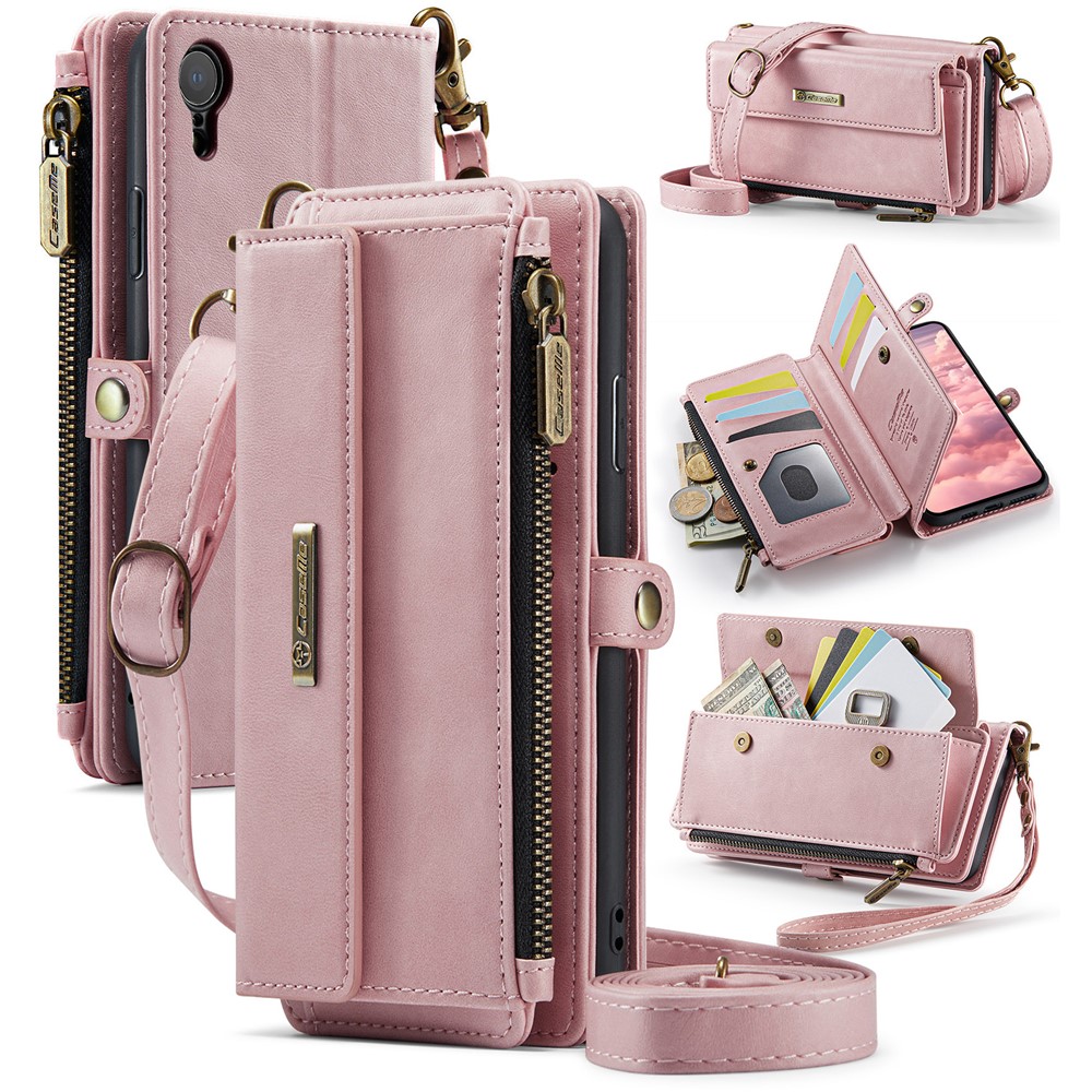 For iPhone XR 6.1 inch Case CASEME C39 RFID Blocking Zipper Wallet Stand Leather Cover with Strap - Pink