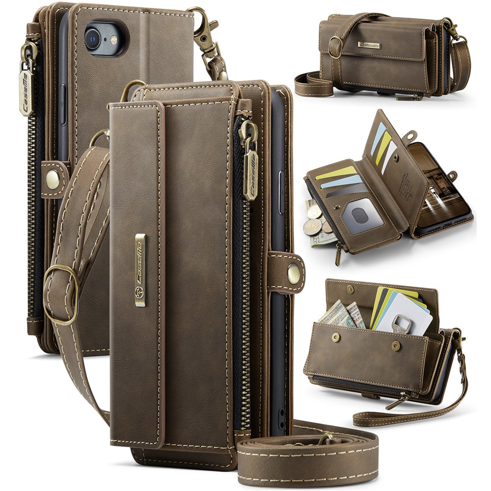 CASEME For iPhone 7 4.7 inch / iPhone 8 4.7 inch / iPhone SE (2020) / iPhone SE (2022) / iPhone 6 4.7-inch Case C39 RFID Blocking Zipper Wallet Stand Leather Cover with Strap - Brown