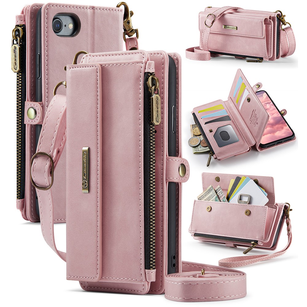 CASEME For iPhone 7 4.7 inch / iPhone 8 4.7 inch / iPhone SE (2020) / iPhone SE (2022) / iPhone 6 4.7-inch Case  C39 RFID Blocking Zipper Wallet Stand Leather Cover with Strap - Pink