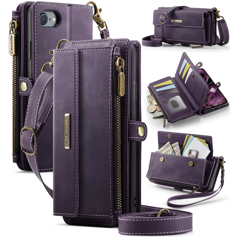 CASEME For iPhone 7 4.7 inch / iPhone 8 4.7 inch / iPhone SE (2020) / iPhone SE (2022) / iPhone 6 4.7-inch Case  C39 RFID Blocking Zipper Wallet Stand Leather Cover with Strap - Purple