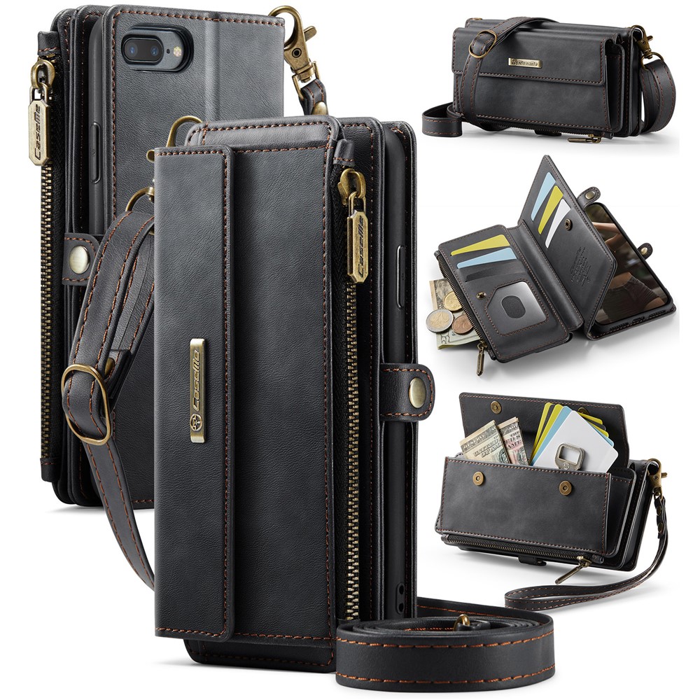 CASEME For iPhone 7 Plus 5.5 inch / iPhone 8 Plus 5.5 inch / iPhone 6 Plus 5.5 inch Case  C39 RFID Blocking Zipper Wallet Stand Leather Cover with Strap - Black