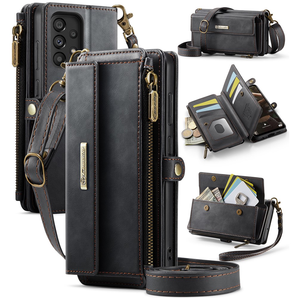 CASEME For Samsung Galaxy A52 5G / Galaxy A52 4G Case C39 RFID Blocking Zipper Wallet Stand Leather Cover with Strap - Black