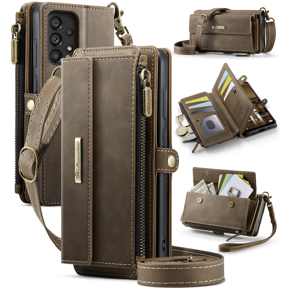 CASEME For Samsung Galaxy A52 5G / Galaxy A52 4G Case C39 RFID Blocking Zipper Wallet Stand Leather Cover with Strap - Brown