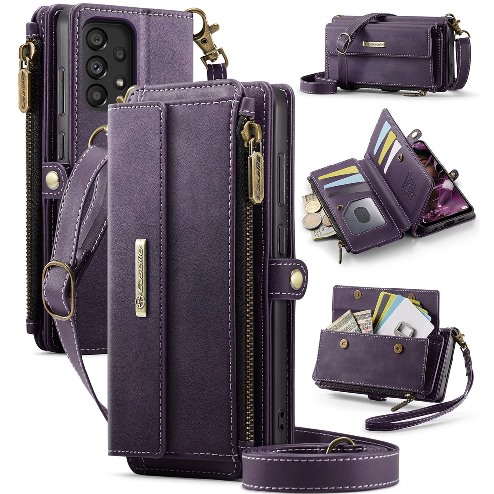 CASEME For Samsung Galaxy A52 5G / Galaxy A52 4G Case C39 RFID Blocking Zipper Wallet Stand Leather Cover with Strap - Purple