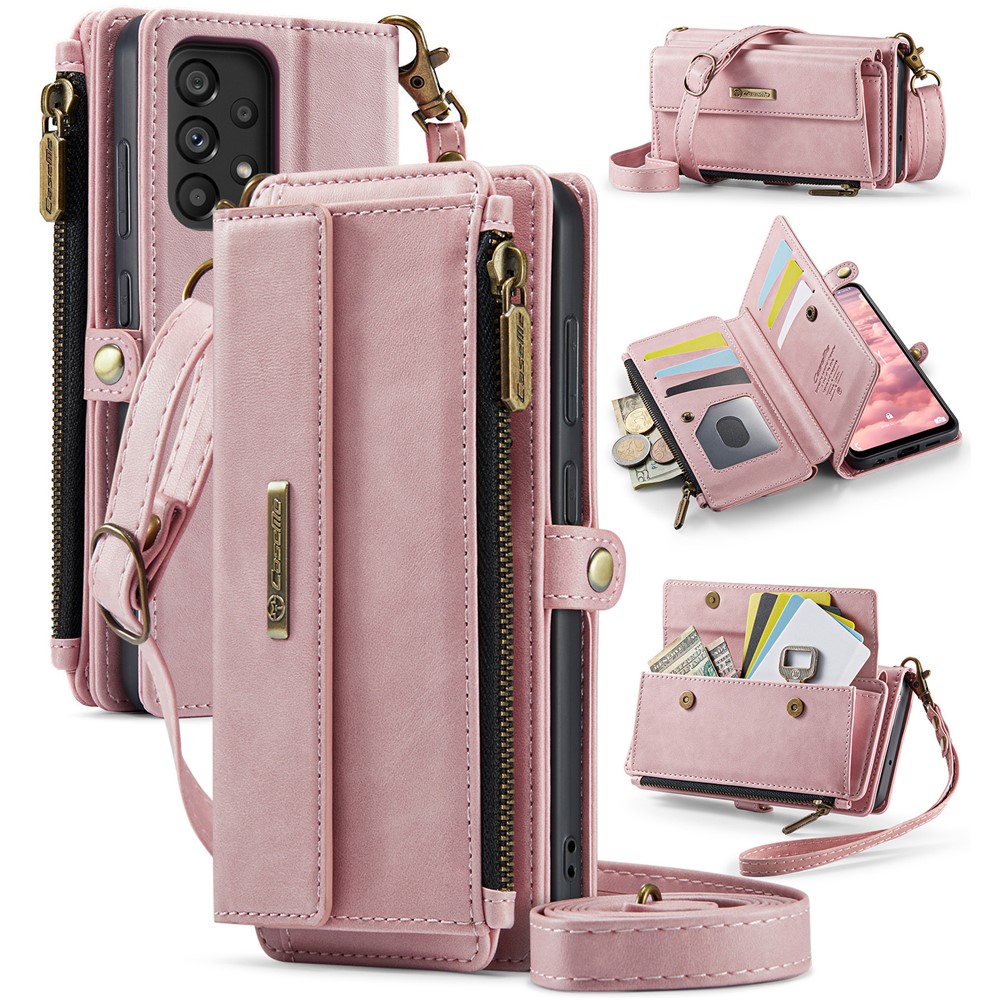 CASEME For Samsung Galaxy A52 5G / Galaxy A52 4G Case  C39 RFID Blocking Zipper Wallet Stand Leather Cover with Strap - Pink