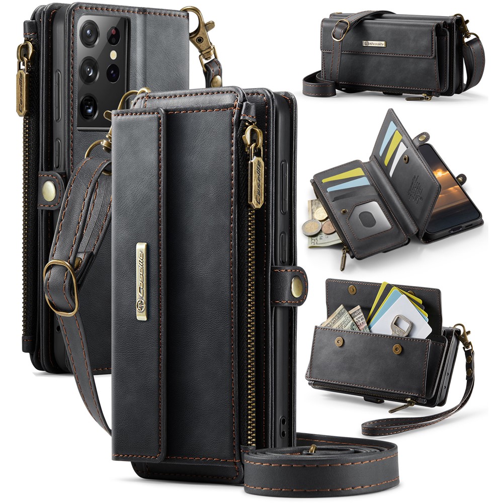 CASEME For Samsung Galaxy S21 Ultra 5G Case C39 RFID Blocking Zipper Wallet Stand Leather Cover with Strap - Black