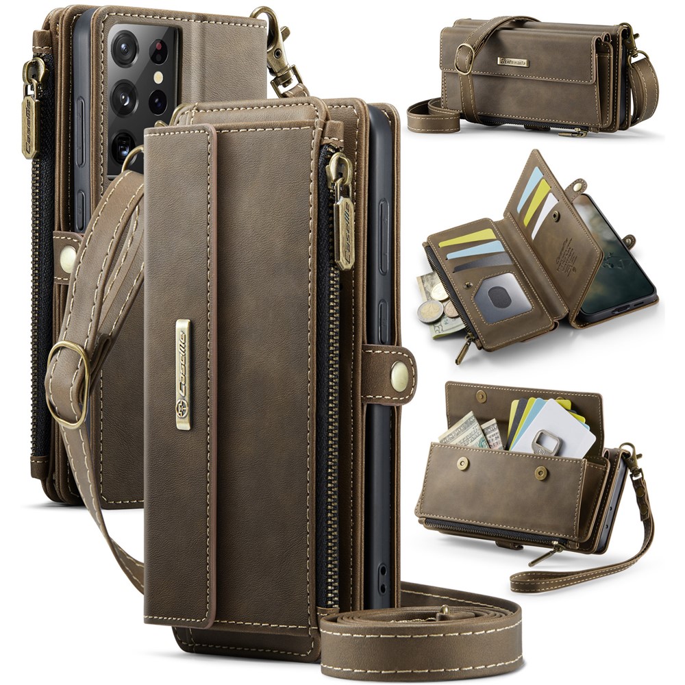 CASEME For Samsung Galaxy S21 Ultra 5G Case C39 RFID Blocking Zipper Wallet Stand Leather Cover with Strap - Brown