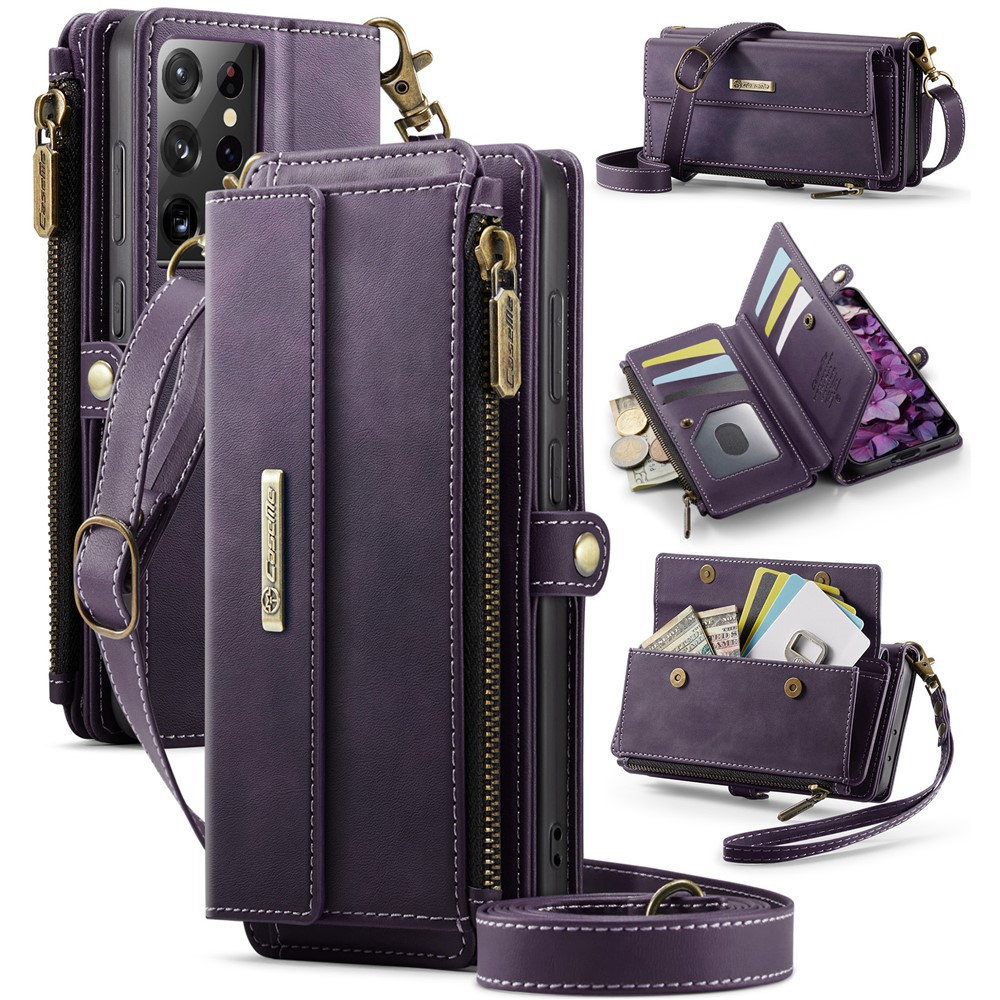 CASEME For Samsung Galaxy S21 Ultra 5G Case C39 RFID Blocking Zipper Wallet Stand Leather Cover with Strap - Purple