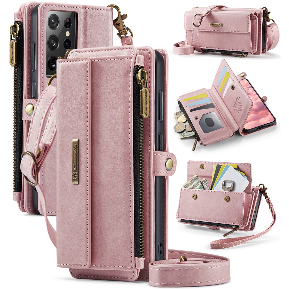 CASEME For Samsung Galaxy S21 Ultra 5G Case C39 RFID Blocking Zipper Wallet Stand Leather Cover with Strap - Pink