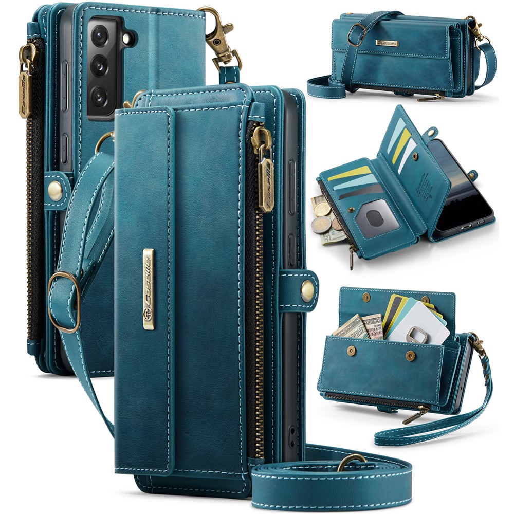 CASEME For Samsung Galaxy S21 FE 5G Case C39 RFID Blocking Zipper Wallet Stand Leather Cover with Strap - Green