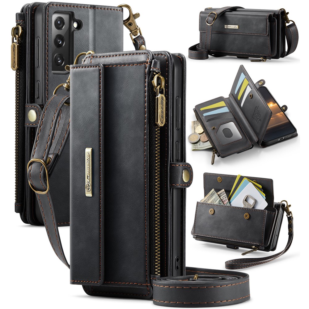 CASEME For Samsung Galaxy S21 FE 5G Case C39 RFID Blocking Zipper Wallet Stand Leather Cover with Strap - Black
