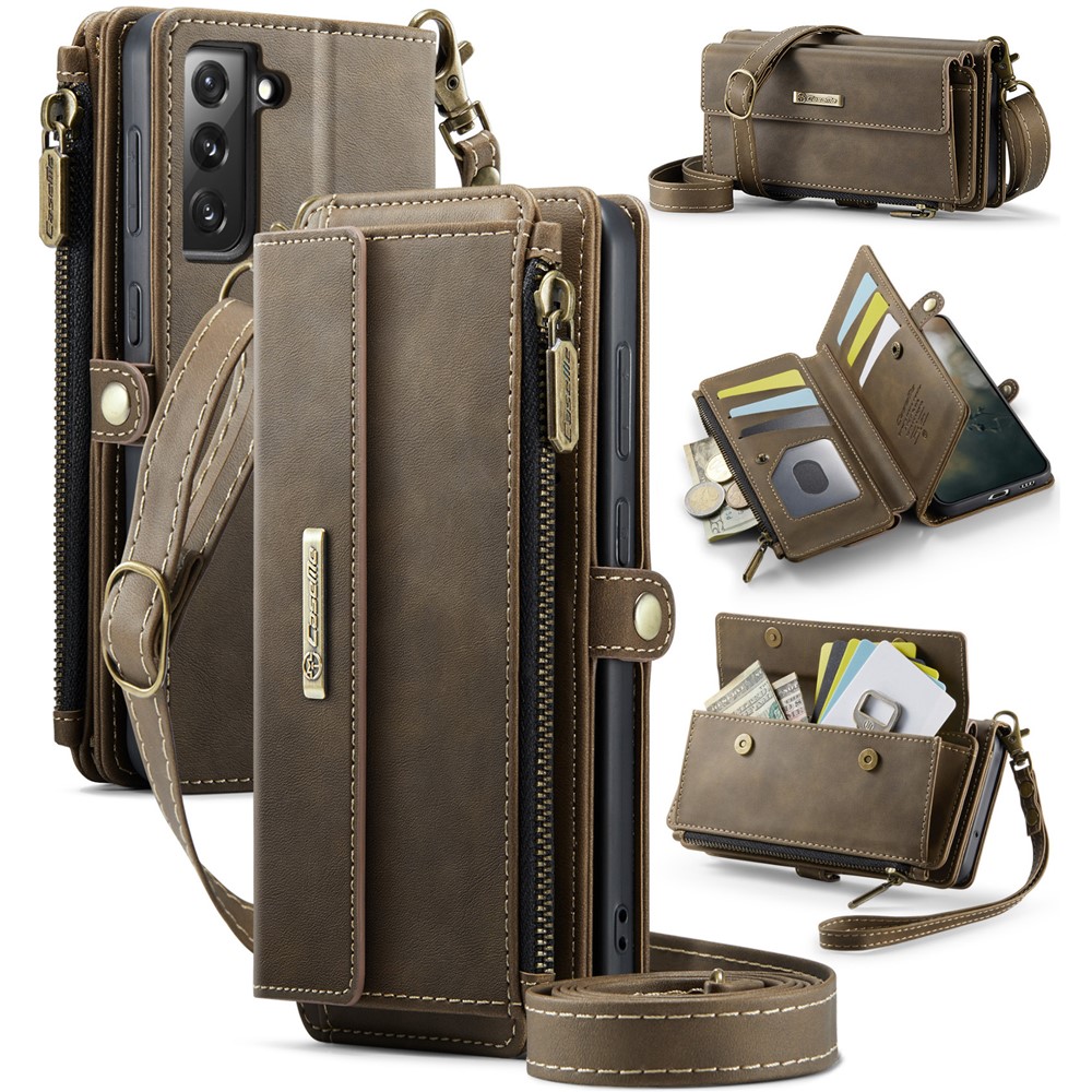 CASEME For Samsung Galaxy S21 FE 5G Case  C39 RFID Blocking Zipper Wallet Stand Leather Cover with Strap - Brown