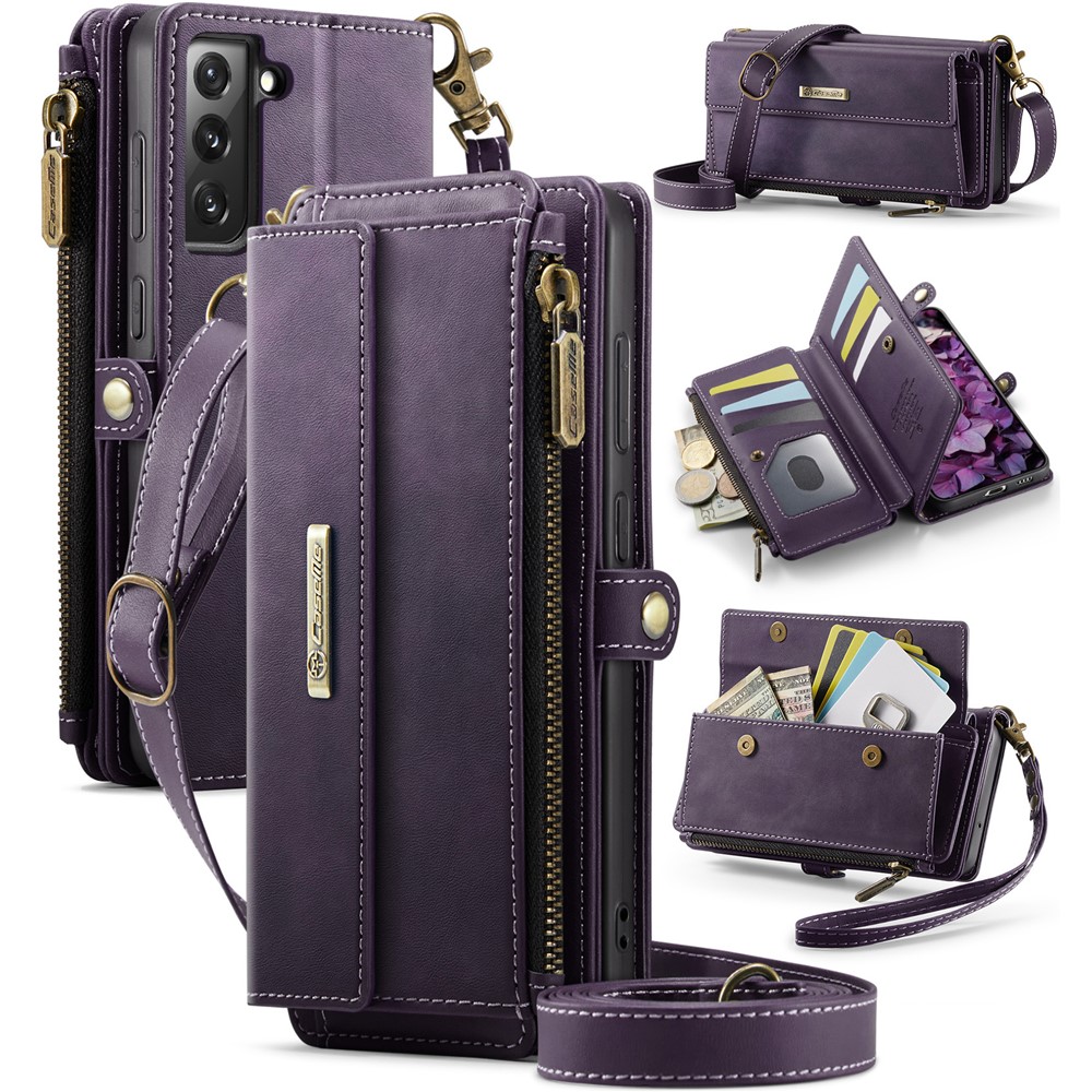 CASEME For Samsung Galaxy S21 FE 5G Case  C39 RFID Blocking Zipper Wallet Stand Leather Cover with Strap - Purple