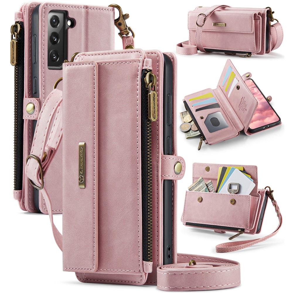 CASEME For Samsung Galaxy S21 FE 5G Case  C39 RFID Blocking Zipper Wallet Stand Leather Cover with Strap - Pink