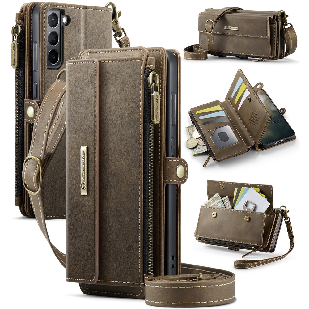 CASEME For Samsung Galaxy S21 4G / Galaxy S21 5G Case C39 RFID Blocking Zipper Wallet Stand Leather Cover with Strap - Brown