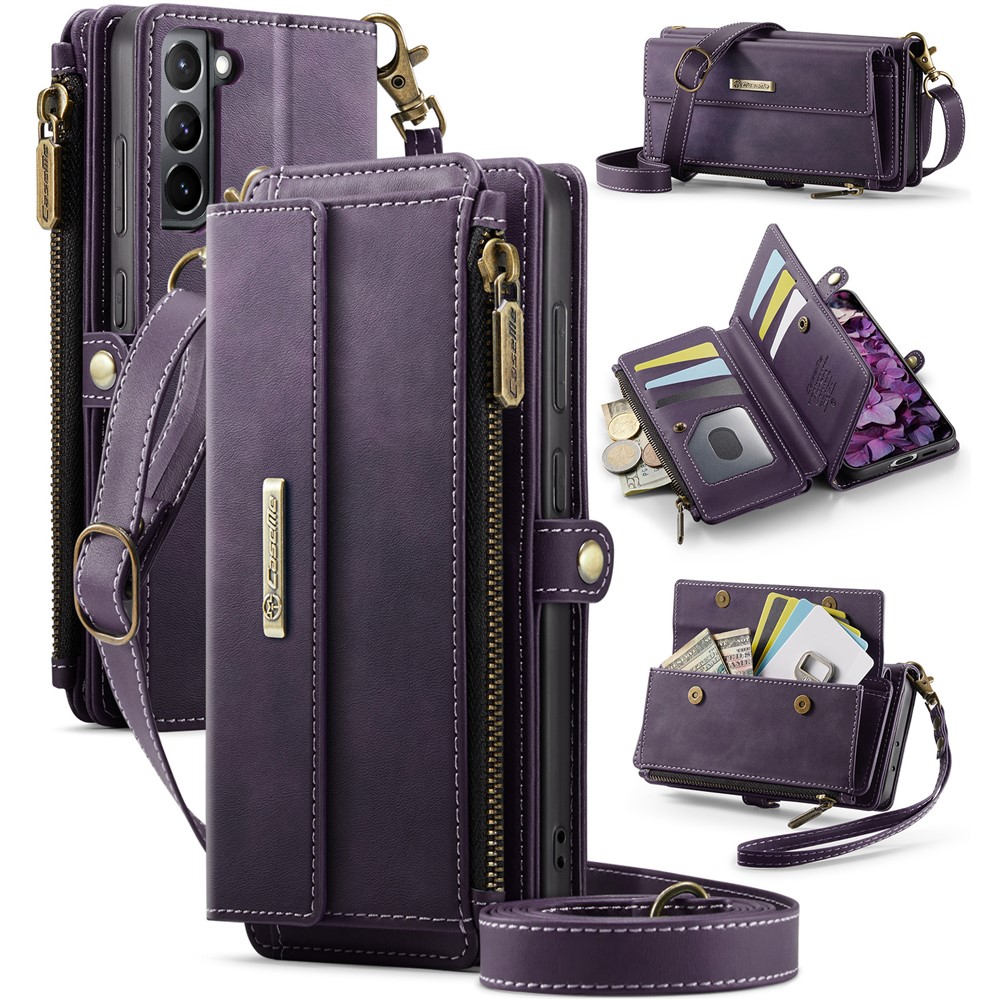 CASEME For Samsung Galaxy S21 4G / Galaxy S21 5G Case  C39 RFID Blocking Zipper Wallet Stand Leather Cover with Strap - Purple